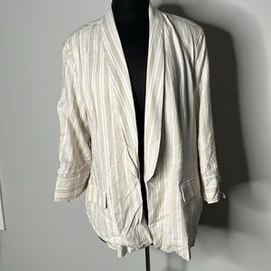 ELLEN TRACY Tan White Striped Linen Blend Open Front Jacket Size XL
